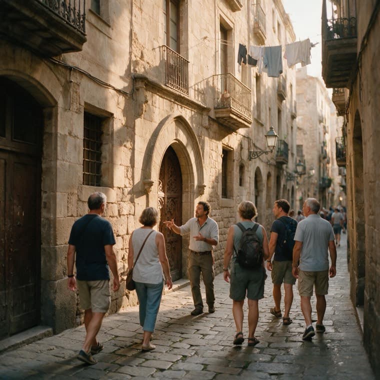Un piccolo gruppo cammina con una guida locale in una via del Quartiere Gotico di Barcellona