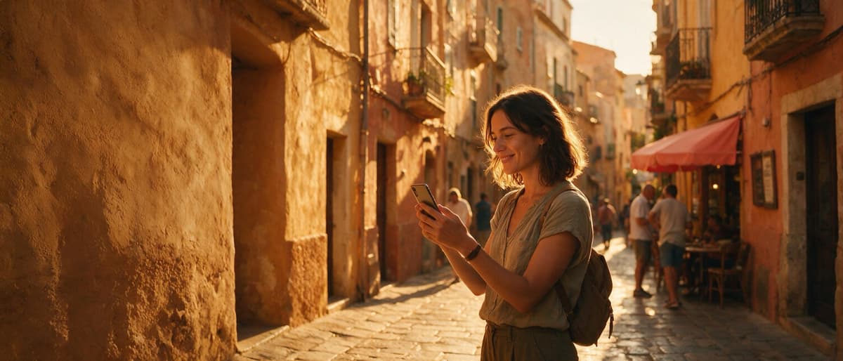 A traveller checking her phone in a sunlit old-town street