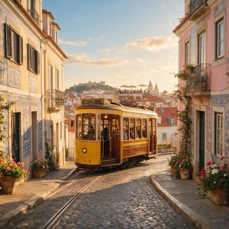 The yellow tram climbing a street in Alfama, Lisbon