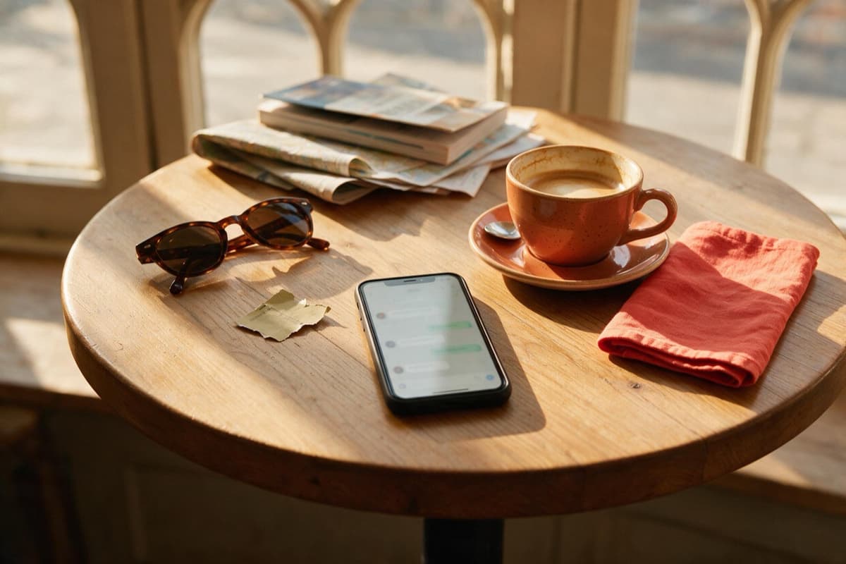 A café table with a phone showing a chat, and the guidebooks, printouts and folded map it replaced pushed to the edge