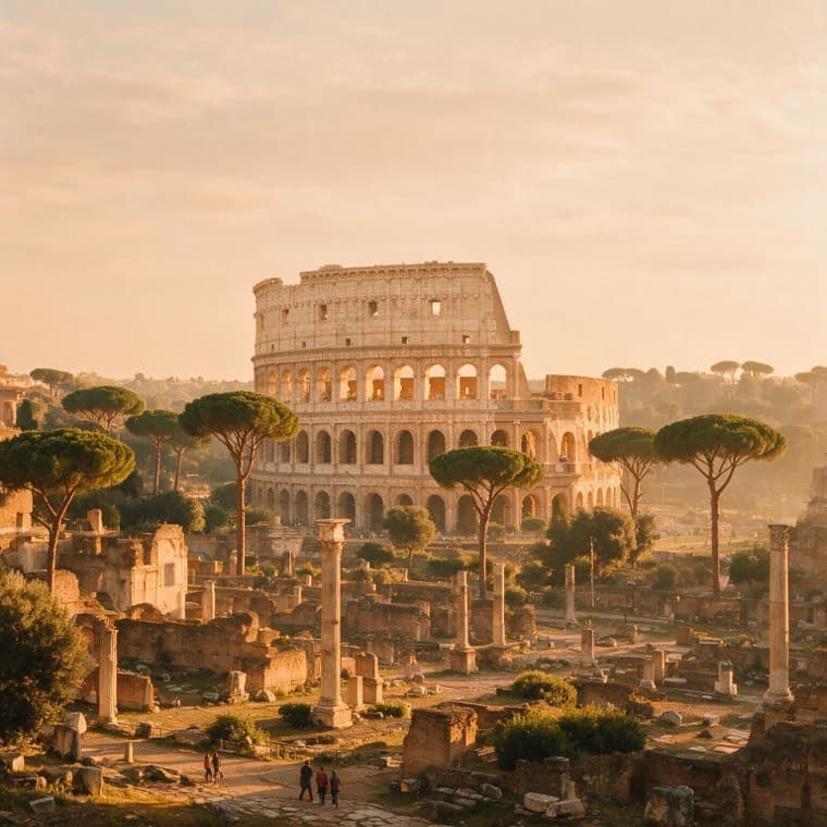 The Colosseum and the Roman Forum at sunrise