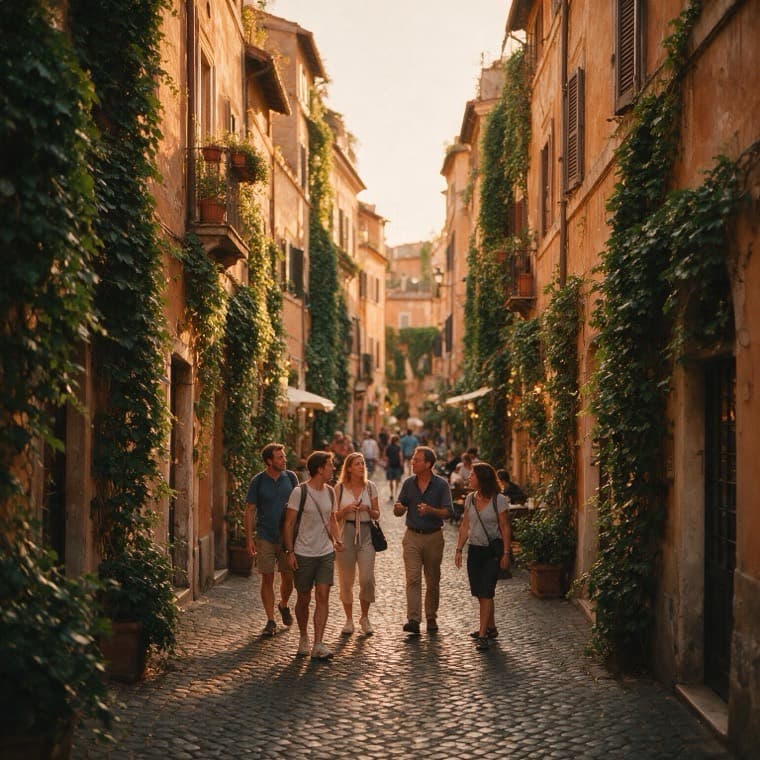 A small group walking with a local guide through a Trastevere street in Rome
