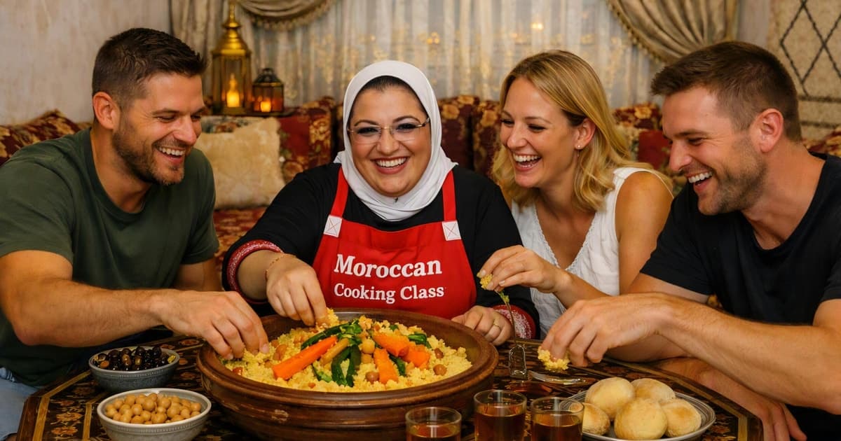 Marruecos: prepara cuscús marroquí del mercado local a la mesa