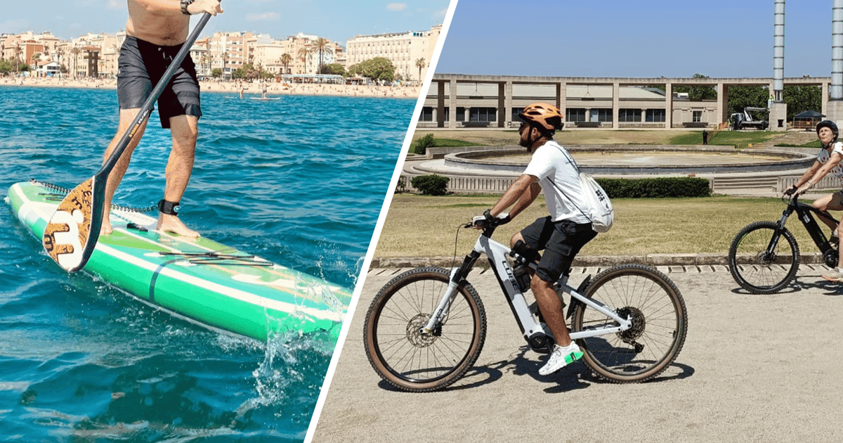 Tour de aventura por Barcelona: bicicleta eléctrica por Montjuïc, barco, surf de remo y almuerzo