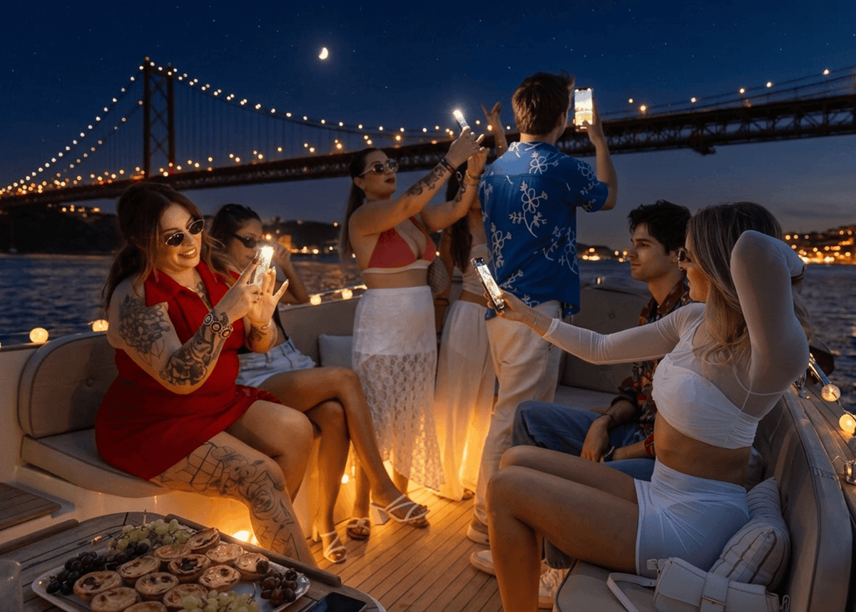 Lisbon Night Cozy Boat Cruise with Open Bar & Pizza