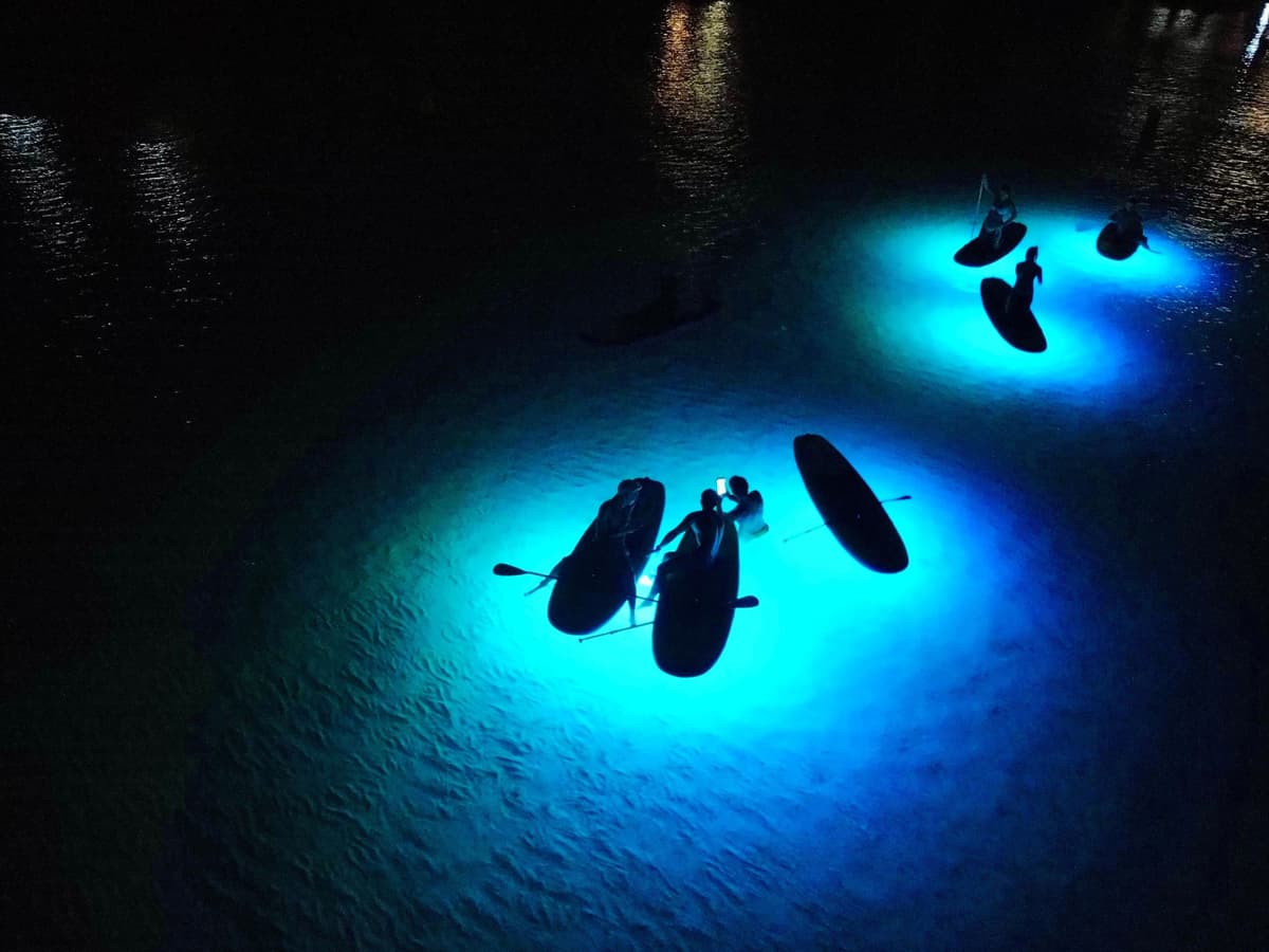 Paddle surf al atardecer con luces LED en la playa de Barcelona