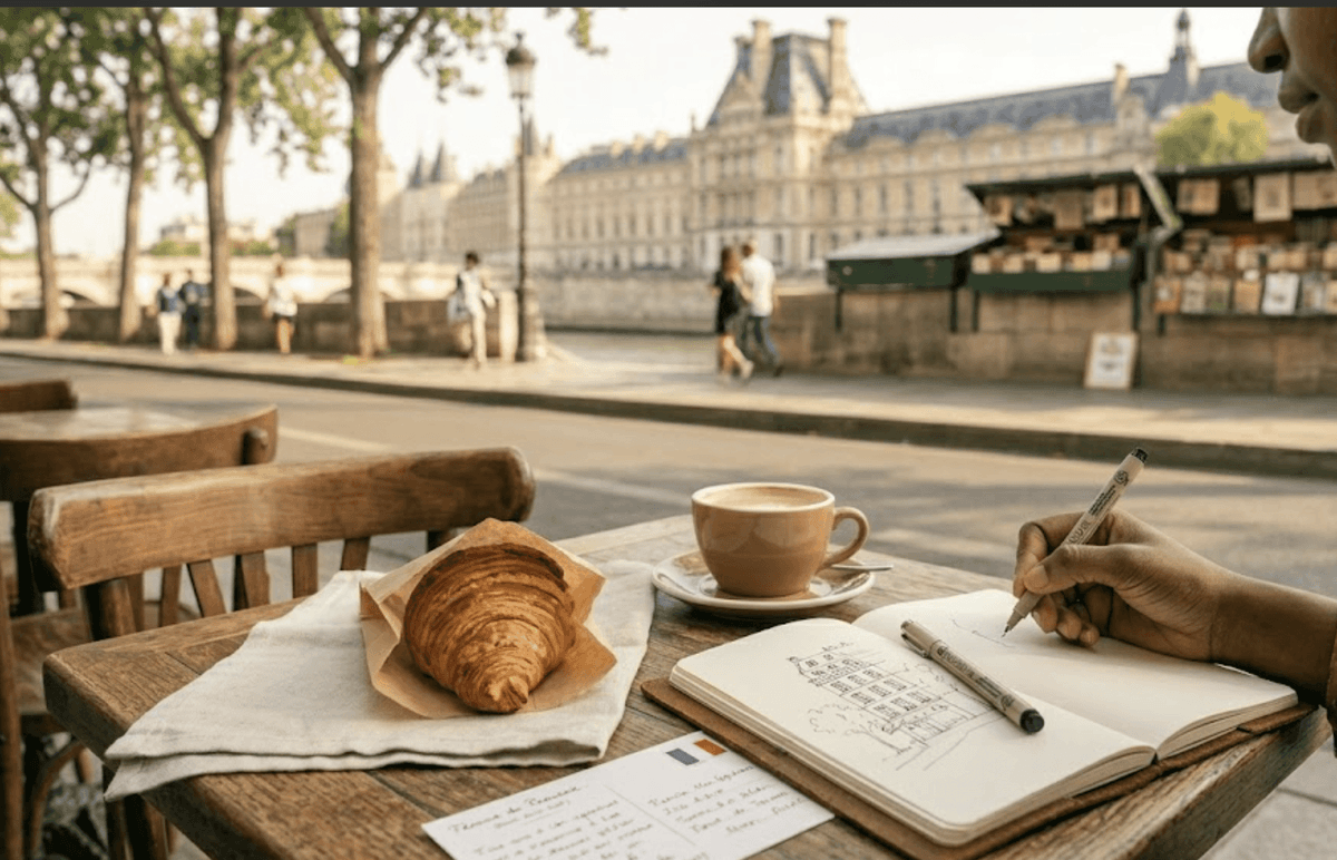 Paris: Seine Stroll with Coffee, Croissant, and Sketching