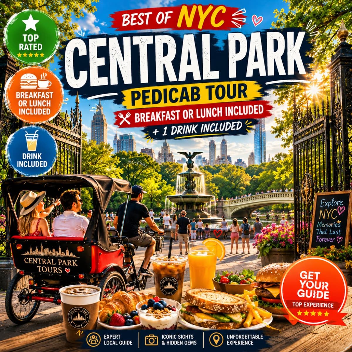 NYC: Central Park Pedicab Tour with Lunch & Drink Included
