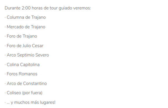 Lista de los lugares en la descripción del tour de Karla de Roma en GuruWalk. 