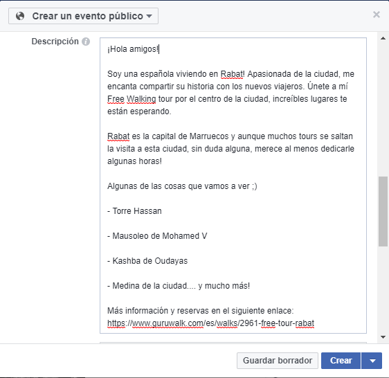 Captura de pantalla del proceso de promoción de un guruwalk en Facebook. 