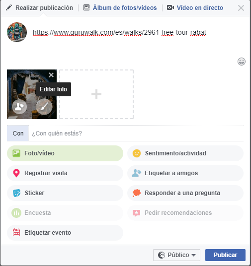 Captura de pantalla del proceso de promoción de un guruwalk en Facebook. 