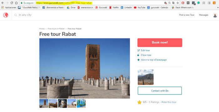 Image of a tour page on the platform GuruWalk in Rabat. 