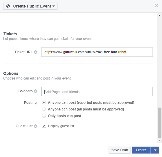 Showing the creation of a Facebook event.