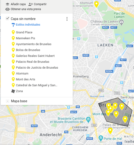 Mapa del centro de Bruselas delimitando una zona en Google Maps. 