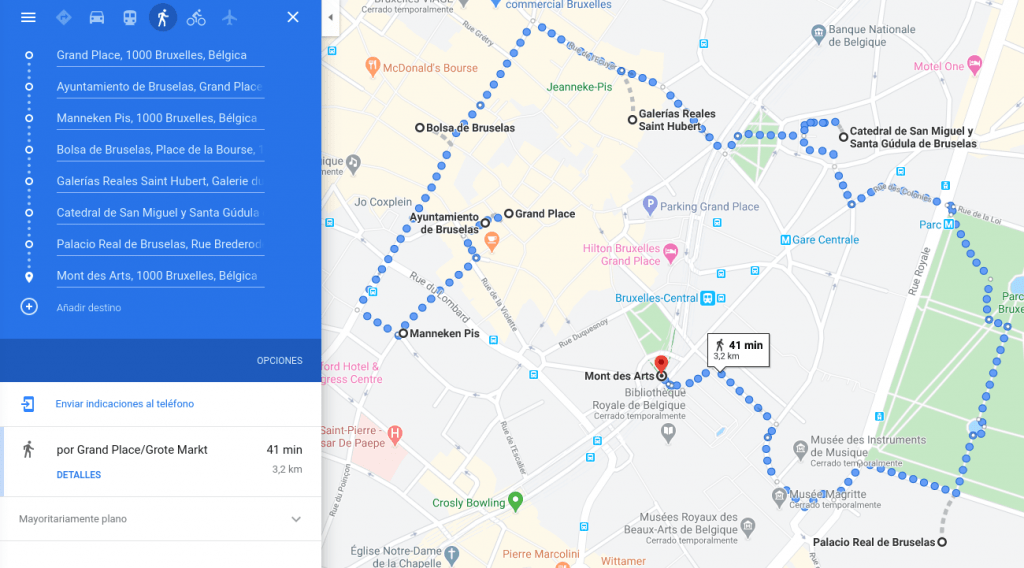 Mapa de Google Maps del centro de Bruselas, con un itinerario de tour en 10 paradas. 